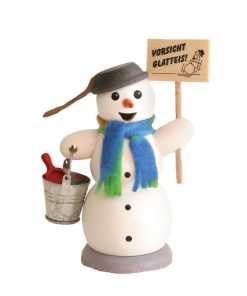 Räuchermann Schneemann mit Schild “Glatteis”